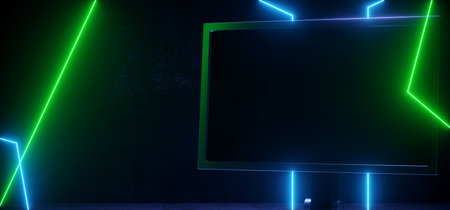 Hi Tech Sci Fi Futuristic Neon Glowing Laser Green Blue Lines Next To Empty Screen Computer Monitor Gaming Virtual Reality Background 3D Rendering Illustrationの写真素材