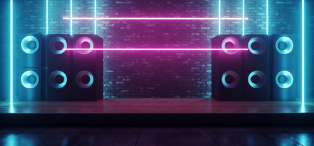 Neon Laser Purple Blue Lights Futuristic Loud Speakers Concert Show Event Dance Floor Brick Wall Podium Stage Live Performance Synth Disco 3D Rendering Illustrationの写真素材