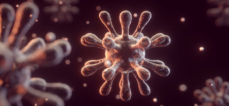 Microscope Macro Glowing Red Detailed Mutated Virus Spikes Molecule Vaccine Medical Floating In Body...