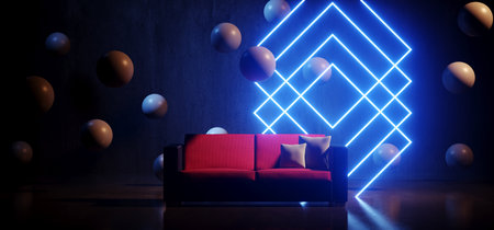 Neon Glowing Shapes Blue Purple Futuristic Seat Cozy Sofa Chair Cement Grunge Cyber Retro Modern...