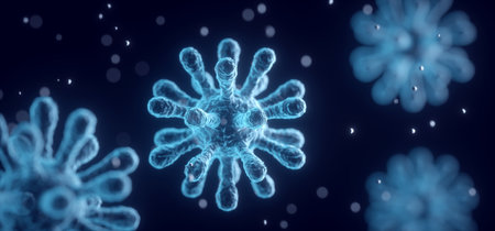 Microscope Macro Glowing Blue Detailed Mutated Virus Spikes Molecule Vaccine Medical Floating In...