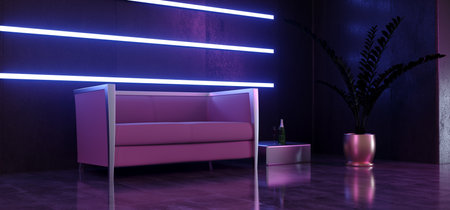 Neon Laser Club Sci Fi Futuristic Dance Night Stage Room Blue Fluorescent Vibrant Light Tubes Concrete REflective Floor Event Show Rest 3D Rendering Illustrationの写真素材