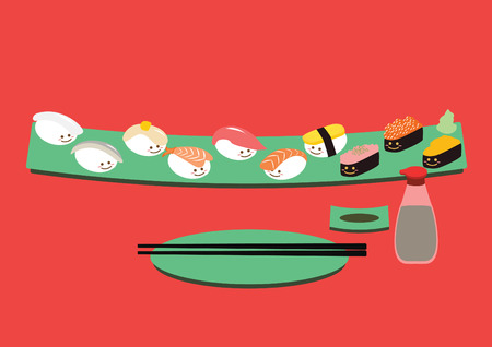 Cute Sushi cartoon in long dishのイラスト素材