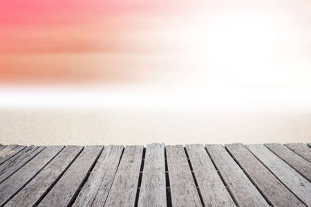 Wooden balcony on White sand beach and blurred sky backgroundの写真素材