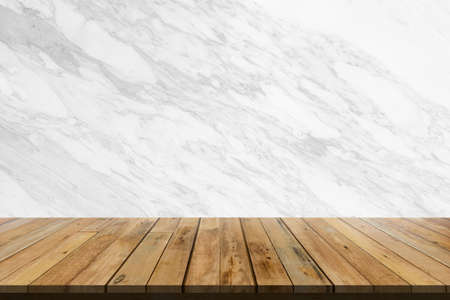 Nature wooden product table blank, Wood floor top view and white tile marble wall background...