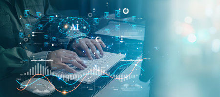 Chatbot chat AI concept, Young business chatting with smart AI or artificial intelligence using...