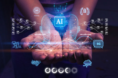 Futuristic Ai hand holds digital circuit - Tech and Innovation. Cyberspace connection, using command...