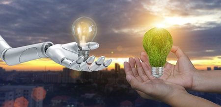 Man and robot holding earth map grass light bulb together on city. Green technology conceptual...
