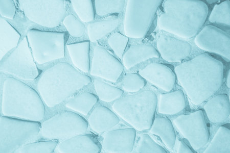 Real photo of broken tiles mosaic. High-resolution blue tile floor texture interior background....