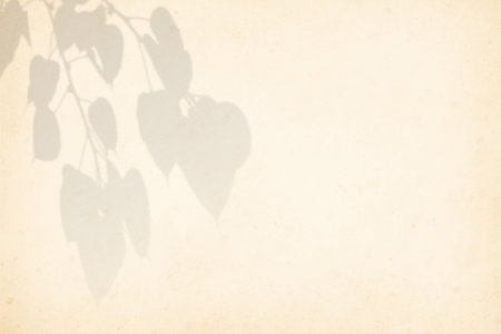 Blurred shadow from leaves plants on the cream concrete wall. Transparent blurry shadow of tropical...
