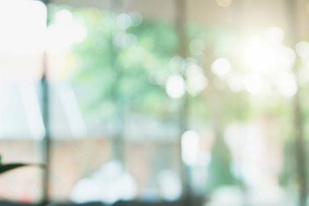 Abstract blur interior coffee shop or cafe for background. Blur restaurant interior banner background. Coffee shop blur background with bokeh. Blurred windows green garden.の写真素材