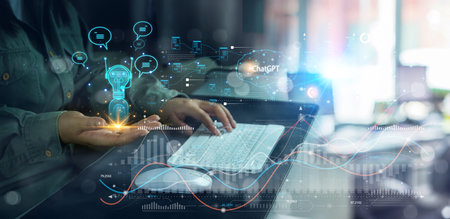 Business using technology for digital chatbot, GPT chats, Ai robot application, conversation...