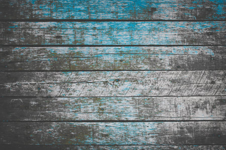 Old wood plank texture background. Vintage blue and white peeling wooden board wall have antique cracking styleの写真素材