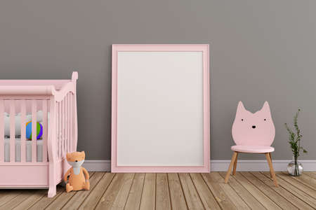 Child bedroom with pink baby cot, 3d rendering