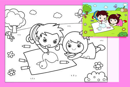 Coloring - little boy and girl playing at garden. Happy girl and boyのイラスト素材