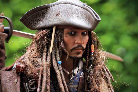 BANGKOK THAILAND - JUNE 25, 2018 : Johnny Depp as the Captain Jack Sparrow, On movie poster, Thailand.のeditorial素材
