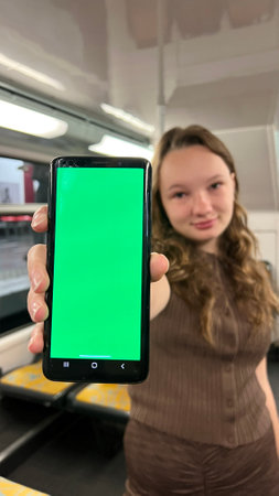 A teenager girl holds a green screen with a chroma key in her hands, dances, smiles, looks into the...