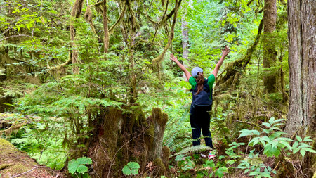 MacMillan Provincial Park A teenage girl stands near a huge tree she travels And she looks at the...