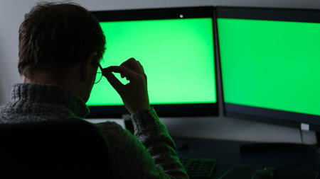 close-up green screens of two monitors man in dark sits with back to camera holding hands behind...