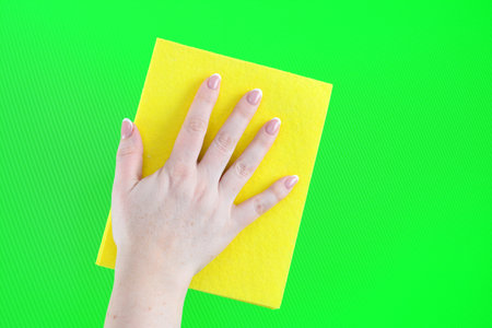 female hand with a yellow kitchen rag on a green background chromakey wipes the surface of a french...