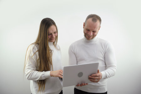 teacher female student laptop Focused woman trainee listening serious teacher mentor businessman...