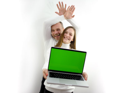 cheerful ad laptop raising hands up spreading fingers out loud laughing smile for all teeth...