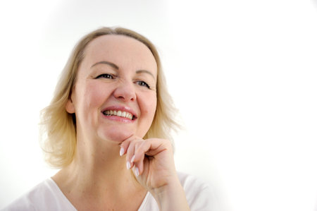 happy beautiful woman smiling and standing isolated on white background girl with perfect smile...