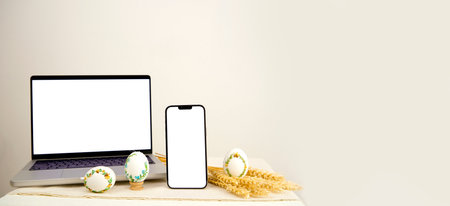 banner for Easter lot of space for text krashanki lie on table three eggs embroidered phone laptop...