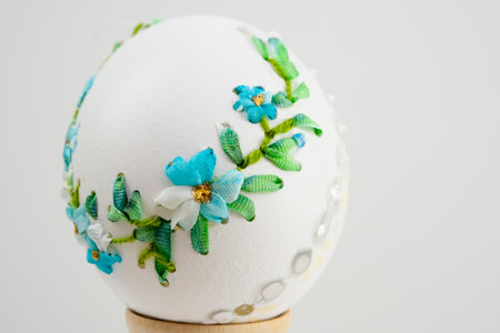 lavender background postcard baner calendar empty space holiday easter eggs embroidery ribbons on eggshell krashankaの写真素材