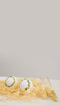 ribbon embroidery on eggshells ribbon embroidery technique eggshells for Easter holiday originated in Germany two eggs with green brown ribbons on spikelets of wheat and shavings for packagingの写真素材
