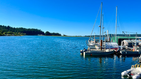 yachts and ships stand on the right side photo on the left sea sky travel warm summer calm ocean...