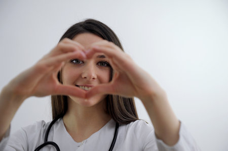 Cute Little Indian girl doctor examining Stuffed heart toy with stethoscope while wearing Doctors uniform. Standing isolated over white backgroundの写真素材