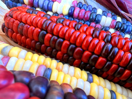 Multicolored corn black red Indian corn or sometimes calico corn is a variety of corn, the same species as common Harvest Halloween Fallの写真素材