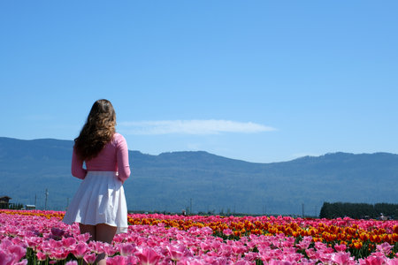 Young woman tourist in pink dress and straw hat standing in blooming tulip field. Spring timeの写真素材