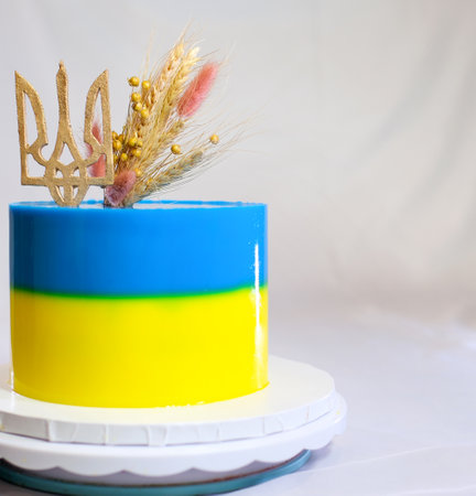 delicious sponge cake with yellow and blue dye spikelets of wheat and trident of Ukraine cooking idea concept of the integrity of Ukraine love for your country patriotismの写真素材
