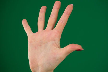 girl hand isolated body parts of a young woman on a green background palm chroma keyの写真素材