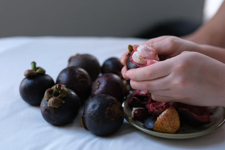 Both hands of a person holding an opened mangosteen or Garcinia mangostana fruit