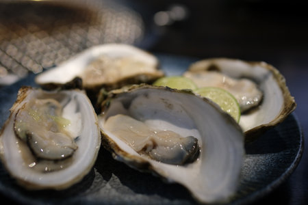 Oysters with lime on crushed ice. Edible raw seafood, view from top