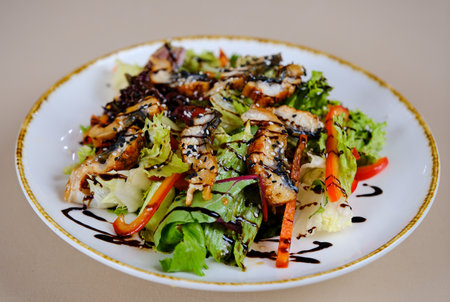 Salad With Smoked Eel with Unagi Sauce.の写真素材