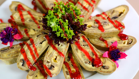 Savory pancake rolls stuffed with ground meat. Pancakes with meat filling Savory crepe, roll stuffed...