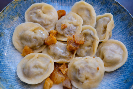 Ukrainian dumplings with cracklingsの写真素材