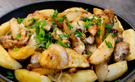 Potatoes mushrooms herbs Oven baked potatoes with mushrooms and rosemary on rustic white wooden table, selective focusの写真素材