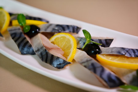 Smoked Mackerel Slices with Fresh Garnish.の写真素材