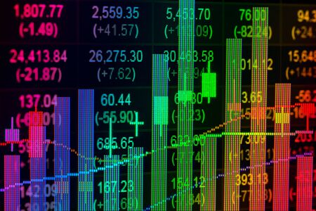 Financial data on a monitor,candle stick graph of stock market , stock market data on LED display conceptの写真素材