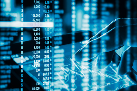 Graph of stock market data and financial with stock analysis indicator the view from LED display...