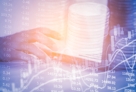 Double exposure business man on stock financial exchange. Stock market financial  indices on LED. Economy return earning. Stock market financial overview in market economy. Economy analysis backgroundの写真素材