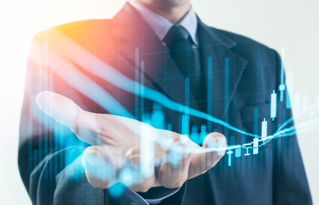 Double exposure business man on stock financial exchange. Stock market financial  indices on LED. Economy return earning. Stock market financial overview in market economy. Economy analysis backgroundの写真素材