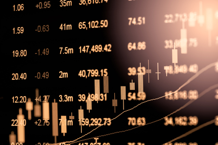 Index graph of stock market financial indicator analysis on LED. Abstract stock market data trade concept. Stock market financial data trade graph background. Global financial graph analysis concept.の写真素材
