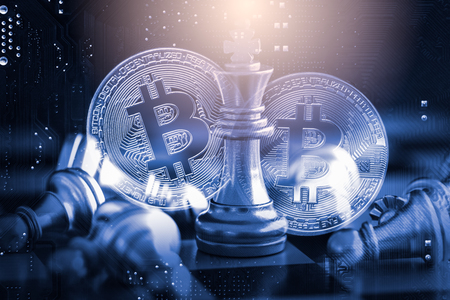 Modern way of exchange. Bitcoin is convenient payment in economy market. Virtual digital currency and financial investment trade concept. Abstract cryptocurrency with gold bitcoin and chess backgroundの写真素材