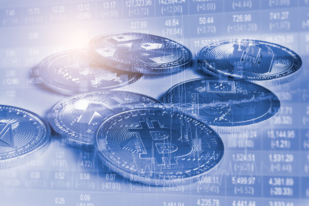 Modern way of exchange. Bitcoin is convenient payment in global economy market. Virtual digital currency and financial investment trade concept. Abstract cryptocurrency with gold bitcoin background.の写真素材